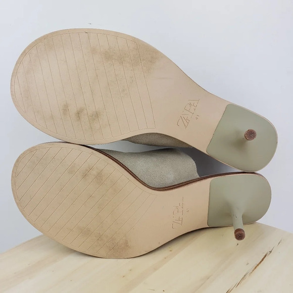 Zara Suede Leather Slide Sandal Kitty Heel Mule Shoes Women's Size 41 Taupe Gray - Picture 12 of 16